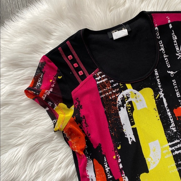 1990s Neon Abstract Graphic Ruched Top with Ruffles - Picture 4 of 6